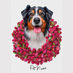 A dog portrait painitng with flowers arround it.